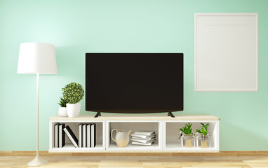 Mockup Smart Tv ,mint living room with decoraion zen style minimal design. 3d rendering