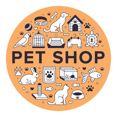 Pet shop vector circle banner with flat line icons. Dog house, cat food, bird cage, rabbit, fish aquarium, animal paw, collar illustrations. Thin signs veterinary poster isolated on orange background