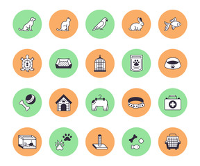 Pet shop flat line icons set. Dog carrier, cat scratcher, bird cage, rabbit, fish aquarium, pets paw, collar vector illustrations. Thin signs for veterinary