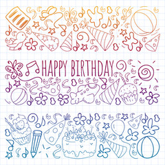 Fototapeta na wymiar Vector set of cute creative illustration templates with birthday theme design. Hand Drawn for holiday, party invitations. Drawing on squared notebook in gradient style.