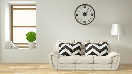 Modern zen living room interior with sofa and green plants japanese minimal design. 3d rendering.