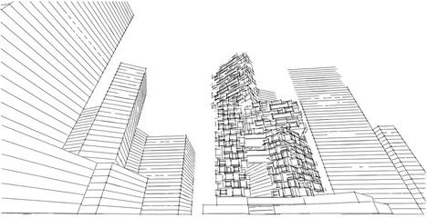 Modern architecture The scenery of the city, high-rise buildings, lines that show the modern, Sketch style. Illustration.