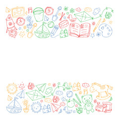 Kindergarten with toys. Pattern for children. Little preschool kids education. Drawing, learning, play