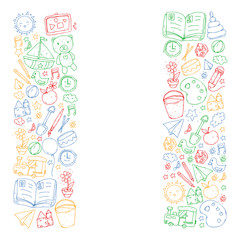 Kindergarten with toys. Pattern for children. Little preschool kids education. Drawing, learning, play