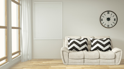 Interior poster frame mock up living room with  white sofa room minimal design. 3D rendering.