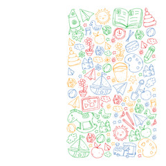Fototapeta premium Kindergarten with toys. Pattern for children. Little preschool kids education. Drawing, learning, play