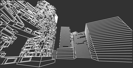 Modern architecture The scenery of the city, high-rise buildings, lines that show the modern, Sketch style. Illustration.