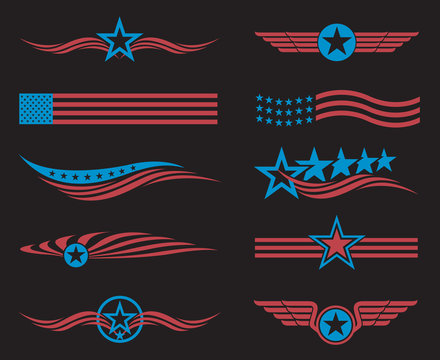 collection of USA star flag labels isolated on black background