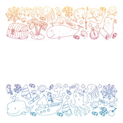 Ocean and sea for children. Pattern for boys. Pirate party. Cute fishes, animals, treasures. Kids vacation pattern, beach toys and elements.