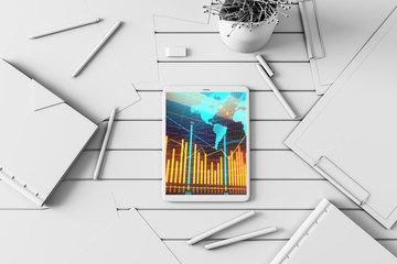 Digital tablet closeup top view with financial graph and partial world map on screen. Online international trading application concept. 3d rendering.