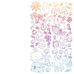Fototapeta premium Ocean and sea for children. Pattern for boys. Pirate party. Cute fishes, animals, treasures. Kids vacation pattern, beach toys and elements.