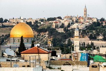 View to Jerusalem old city, The Dome of the Rock on the Temple Mount and the Mount of Olives from...