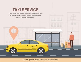 Taxi service template on background of city. Vector Illustration