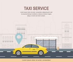 Taxi service template on background of city. Vector Illustration - 280158220