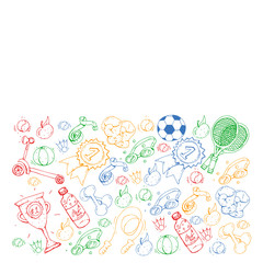 Vector pattern with sport elements. Fitness, games, exercises. Doodle icons in kids drawing style