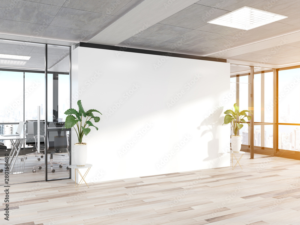 Poster blank wall in bright concrete office with large windows mockup 3d rendering