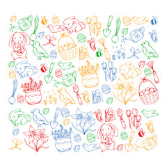 Vector pattern with easter and spring elements. Eggs in basket, bunny, flowers, birds