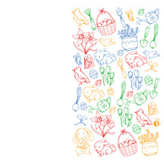 Fototapeta na wymiar Vector pattern with easter and spring elements. Eggs in basket, bunny, flowers, birds