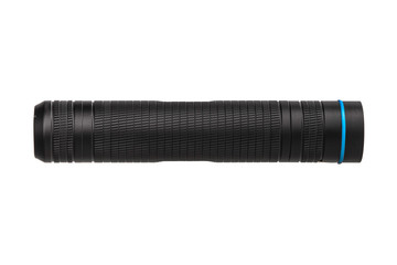 modern black metal flashlight isolated on white