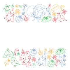 Fototapeta premium Christmas winter party. Happy new year. Bullfinch, Santa Claus, snowman, deer. Presents and candy.