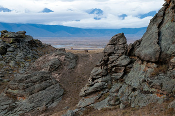 Suvo in Barguzin Valley Russia, view of valley from the rock formation with grazing cattle