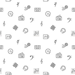 Seamless pattern with music and sound of different types icon on white background. Included the icons as cassette,  radio, microphone, records audio And Other Elements. 