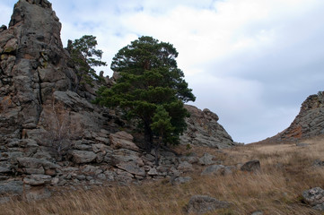 Suvo in Barguzin Valley Russia, view of rock formation on hilltop