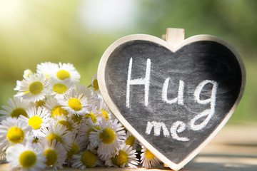 Hug me hand drawing phrase on a heart, Share a Hug Day concept