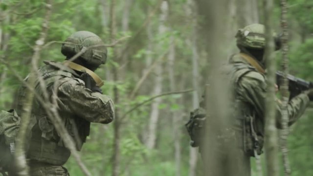Soldiers in camouflage with assault rifle walking through the forest, military action in the woods, patrol.