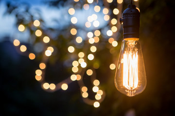 Vintage incandescent bulb and party lights in a garden, summertime party
