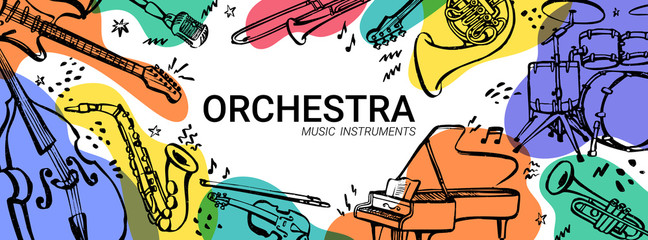 Hand drawn music instruments. Orcestra. Horizontal banner or cover for social media. Ink style vector illustration with watercolor stains on white background. - obrazy, fototapety, plakaty