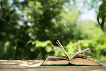 Open book on a wooden table in a garden. Sunny summer day, reading in a vacation concept