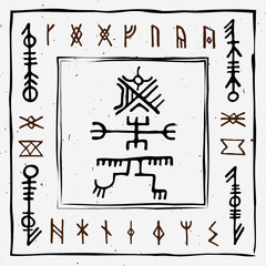Futhark norse islandic and viking runes set. Magic hand draw symbols as scripted talismans. Vector set of ancient runes of Iceland. Galdrastafir, mystic signs of early North magic. Ethnic norse viking