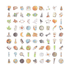 Cute cartoon icons on science, school, study theme. Physics, chemistry, astronomy and other sciences - vector illustrations of icons for children. Back to school educational icons, science cartoon