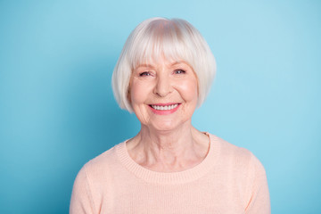 Close-up portrait of her she nice-looking attractive well-groomed content confident cheerful cheery healthy gray-haired lady isolated over bright vivid shine blue green teal background - obrazy, fototapety, plakaty