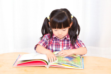 白背景の前で真剣に絵本を読む幼い女の子。幼児、教育、読書、学習、成長、育児イメージ