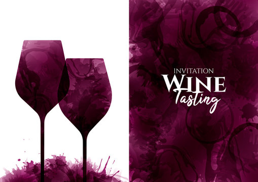 Illustration of two wine glasses with red wine stains. Background full of color with circles and wine drops. Idea for party or event invitation, brochure, wine list, promotion, tasting.