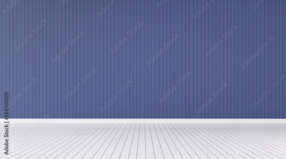 Poster mock up of blue empty room with plank wall,white laminate floor. perspective of minimal interior. 3d