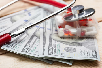 Doctors medical stethoscope on money background healthcare expensive concept