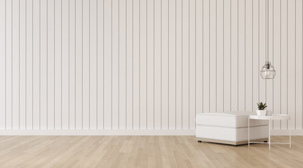 Mock-up of white living room in minimal style with couch and small side table on laminate floor.Perspective of interior design. 3d rendering.	