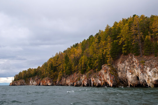 Lake Baikal Russia, Headland with autumn colors on Chivyrkuysky Bay © KarinD