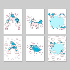 Set of cute unicorn greeting cards or posters with clouds, hearts and rainbow. Lovely doodle quotes for baby birthday invitation. Fancy magical illustration of a girlish fairy pony for kids.