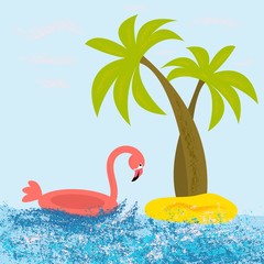 Pattern with palm sea inflatable circle for lifestyle design. Vector summer banner. Swimming pool party. Summer beach vector illustration. Inflatable swimming set. Summer fun background.