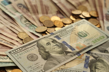 Ruble coins, 500 rubles and dollar banknotes, Money, cash, currency exchange, Russian and American national currency