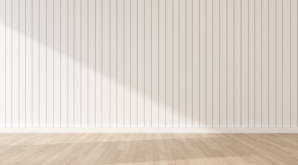 3D stimulate of white empty room and wood plank floor with sun light cast shadow on the wall,Perspective of minimal interior design.
