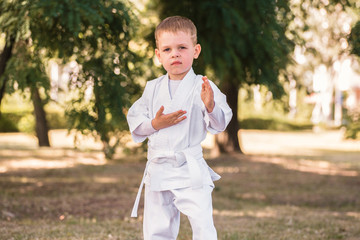 One little boy in white kimono during training karate kata exercises in summer outdoors