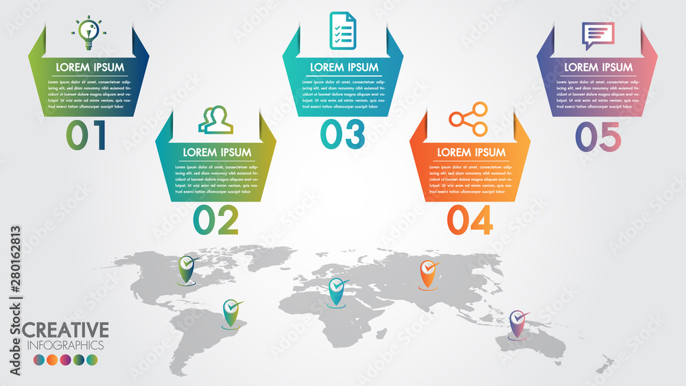 Poster world map business infographics 5 step options vector illustration and design template with pointer 