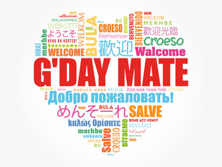 G'day Mate (Welcome in Australian) love heart word cloud in different languages