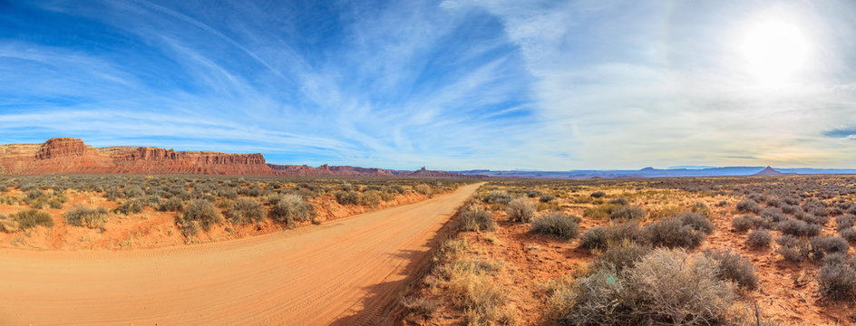 Panorama picture of dirt road in Arizona desert