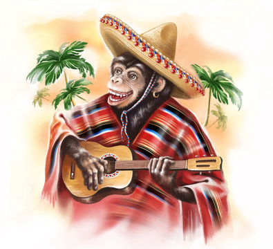 Funny monkey in a Mexican traditional dress playing guitar. Digital art. Digital painting.
